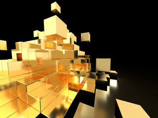 崩壊する金塊のピラミッド。積み上げられたキューブの3Dイラスト