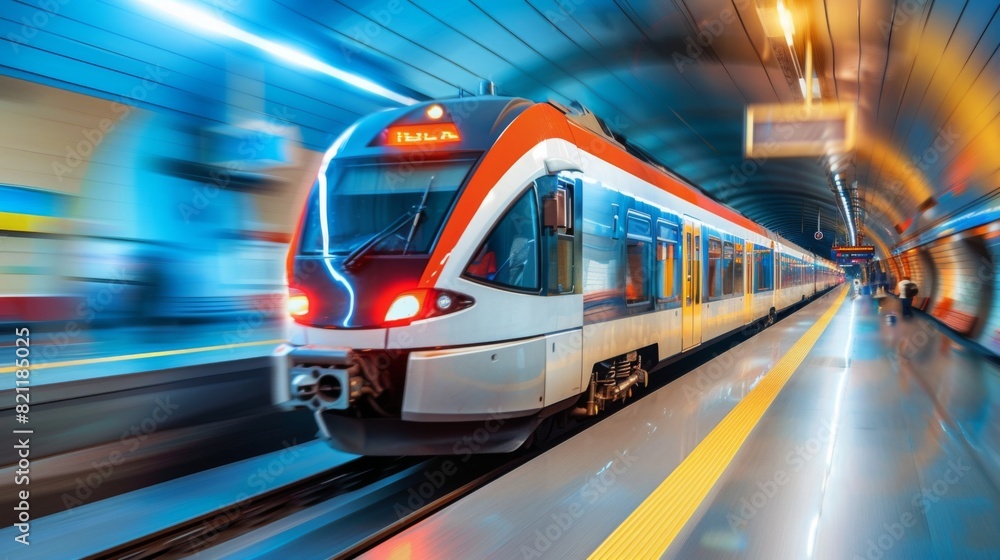 Poster electric train departing from a station platform with motion blur effect.