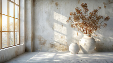Award Winning National Geographic rule of thirds, photograph of a minimalist Scandinavian style home interior, bathed in the soft light of early morning, minimalist, plain warm whi