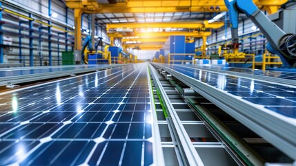 Fototapeta premium Large Production Line with Industrial Robot Arms at Modern Bright Factory. Solar Panels are being Assembled on Conveyor. Automated Manufacturing Facility