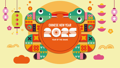 Chinese New Year 2025, 2025 Chinese New Year, the year of the snake, snake zodiac sign with flower, lantern