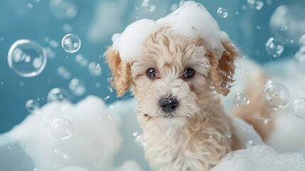 Maltipoo puppy in a bathtub filled with foam and soap bubbles, perfect for illustrating a pets grooming and cleaning concept with an endearing touch