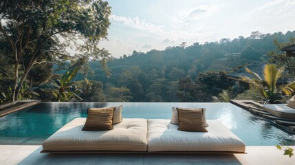 Obraz premium sofa, pillows, pool in a quiet and natural environment generative ai