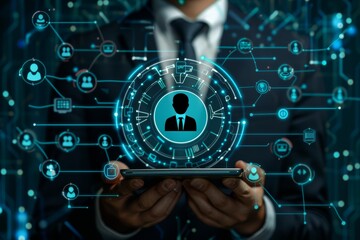 Management for business sales marketing system concept. service application to support CRM database analysis, AI generated