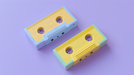 Obraz premium Two radio cassettes on a pastel purple background. Flat lay concept.