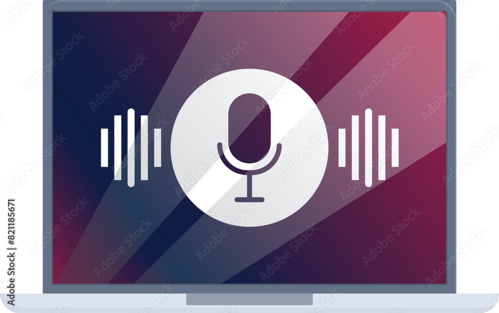 Poster modern laptop displaying an illustration of a microphone and dual sound waves, symbolizing audio inp