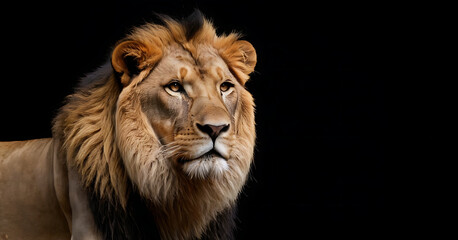 Fototapeta premium A majestic lion with a thick mane gazes intently into the distance against a black background