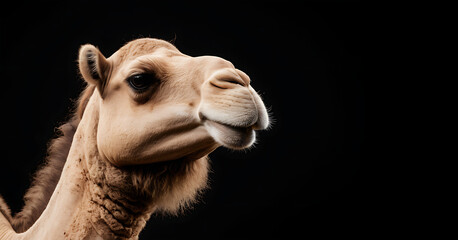 A close-up portrait of a dromedary camel (one hump) with a calm expression against a black background