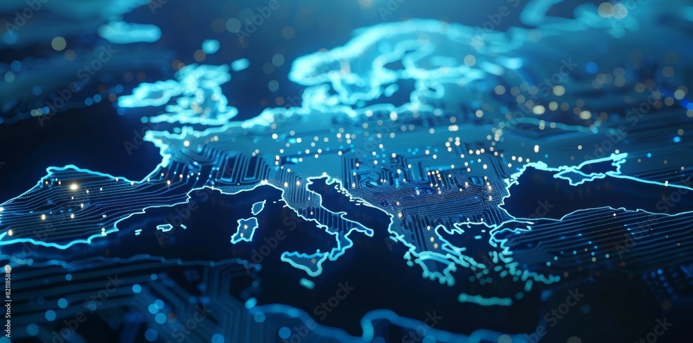 Poster a computer generated image of europe with a blue background and a grid of lights