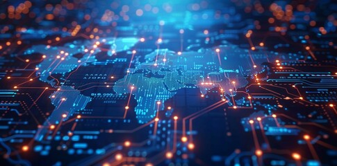 Obraz premium A computer chip with a blue background and orange lines, World map