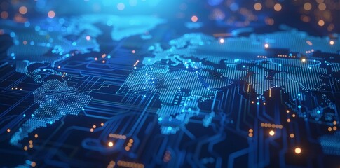 A blue and orange computer screen with a globe on it