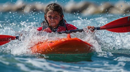 Serene Voyage: Woman Paddling Kayak on Tranquil Waters