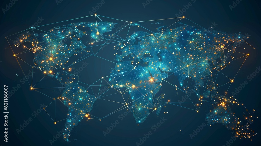 Poster a blue and yellow globe with a network of lines connecting it
