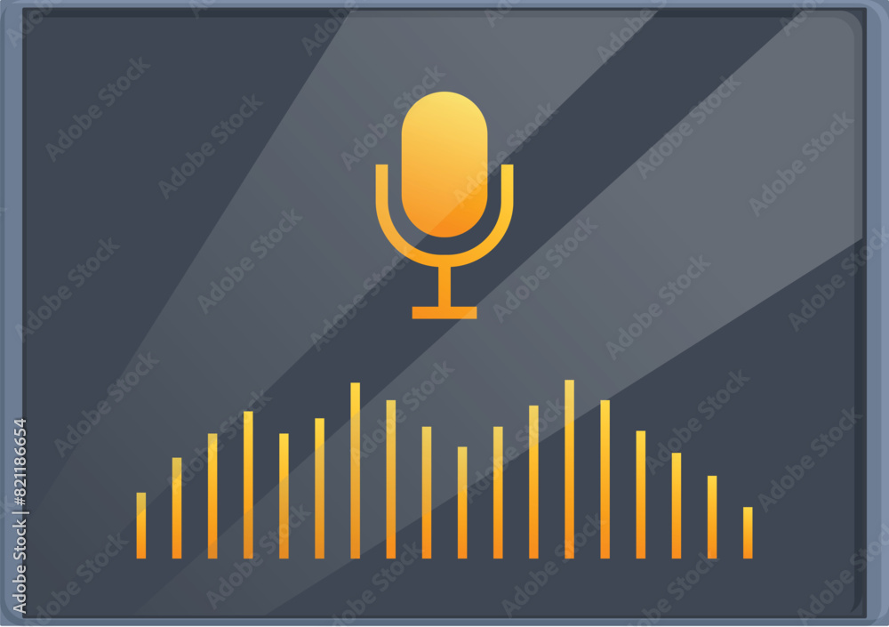 Poster flat design vector of a microphone with vibrant sound wave bars, ideal for digital media concepts