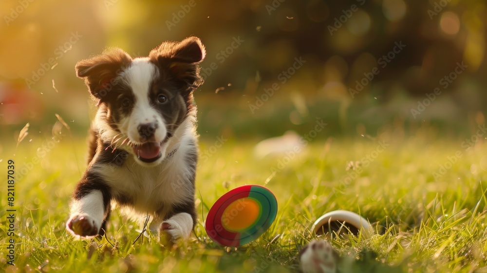 Poster energetic border collie puppy chasing after a colorful frisbee in the grass.