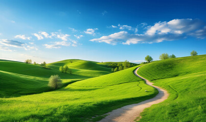 A scenic winding road through a green grass field in a hilly area in the morning at dawn against a blue sky with clouds. Natural panoramic spring summer landscape.