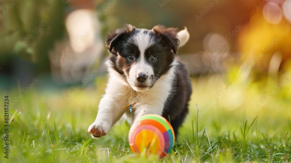 Poster energetic border collie puppy chasing after a colorful frisbee in the grass.