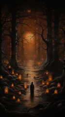 Obraz premium Lonely small human walks through a lost black forest and witchy lights at night under a full moon to nowhere.