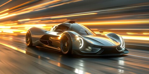 Blurred lights creating futuristic effect as sports car speeds on highway. Concept Futuristic Cars, High Speed, Blurred Lights, Highway Race, Cinematic Photography