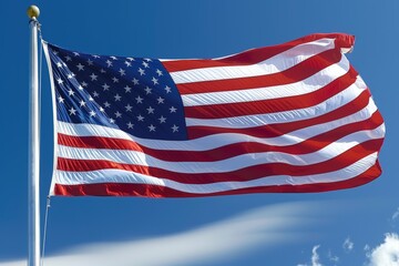Obraz premium Large American flag is flying in the sky, USA flag. Symbol of the United States of America, US