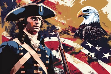 A man in a hat and uniform stands in front of American flag. A bald eagle is flying in the background