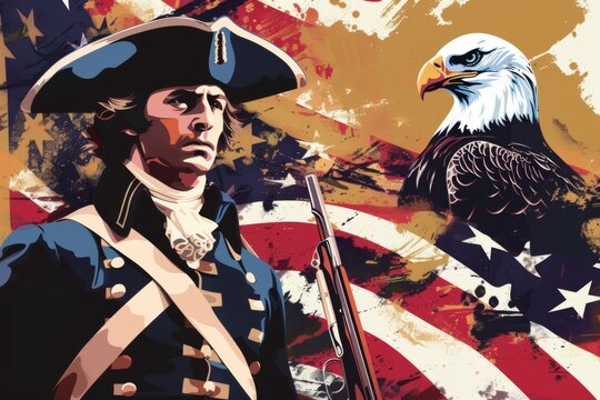 A man in a hat and uniform stands in front of American flag. A bald eagle is flying in the background