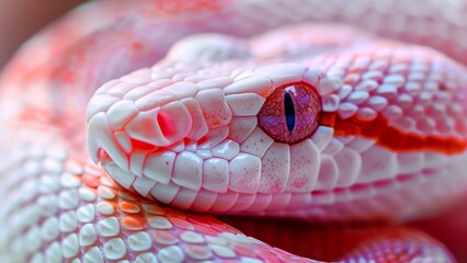a close-up of a snake with strikingly detailed scales. The scales are predominantly white with hints of soft pink hues and red-pink outlines, giving a delicate and almost ethereal appearance.
