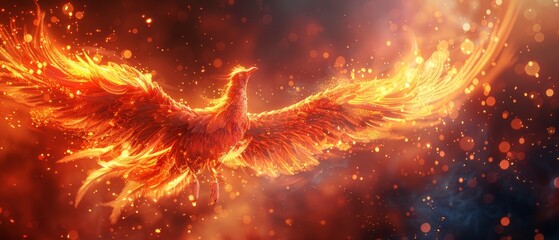 A fiery bird with its wings spread wide, surrounded by a cloud of sparks by AI generated image