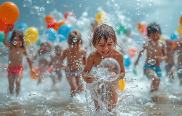 Kids engage in beach fun, splashing and tossing water balloons during a lively showdown