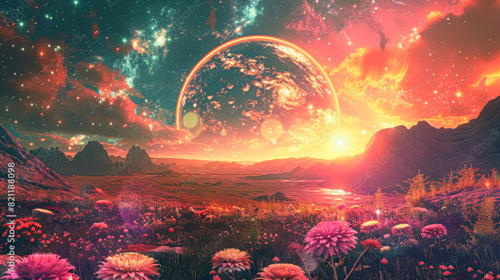 Sticker an image of a mystical exposition on a remote planet