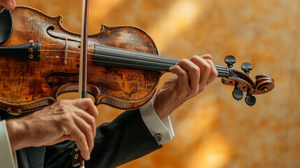 Award Winning National Geographic rule of thirds, photograph of a professional violinist's hands in motion, minimalist, plain soft gold background, ultra realistic photo, left in f