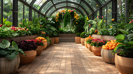 A stunning greenhouse filled with vibrant plants and colorful flowers, arranged in large pots along a wooden walkway