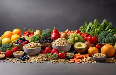 Healthy food clean eating selection: fruit, vegetable, seeds, superfood, cereal, leaf vegetable on gray concrete background