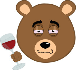 vector illustration face brown grizzly bear cartoon drunk holding wine glass with his hands
