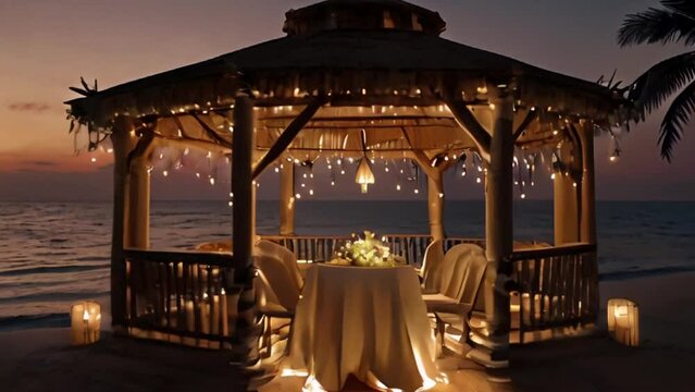 Romantic dinner for two in a gazebo on the beach at sunset