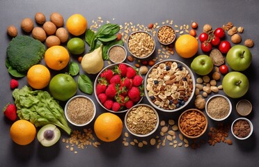 Healthy food clean eating selection: fruit, vegetable, seeds, superfood, cereal, leaf vegetable on gray concrete background