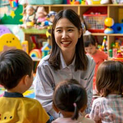 Obraz premium A woman is playing with a child in a room full of toys