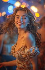 Fototapeta premium Gen Z Dancers Grooving at Retro Party, Sporting Classic Fashion in Nostalgic Atmosphere