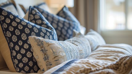 details of the bed, showing the textures and patterns of the blue and beige pillows and blankets...