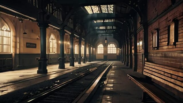 Empty train station platform with sunlight streaming through the windows