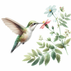 Fototapeta premium watercolor painting image of hummingbird and flower 