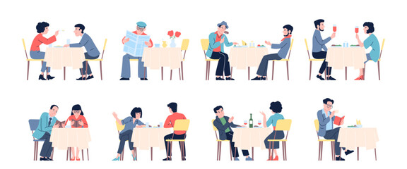 People in restaurant. Man woman drinking and eating, together and alone, choose meals in menu. Meeting on lunch or dinner, recent vector set