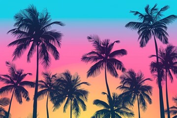 Tropical summer background with palm trees and a sunset sky. In a colorful gradient of pink, blue, orange and purple, with silhouettes of black palm tree outlines. 