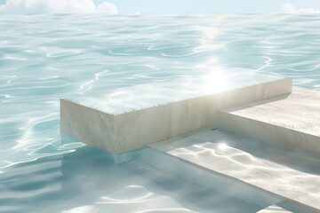 White marble podium or platform on the water surface with a beautiful seascape and bright sun.