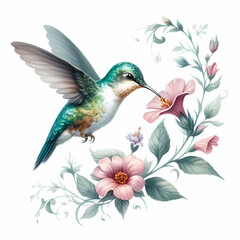 Obraz premium watercolor painting image of hummingbird and flower 