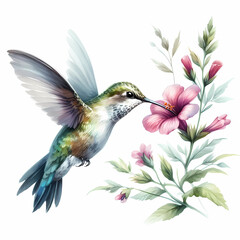 Fototapeta premium watercolor painting image of hummingbird and flower 