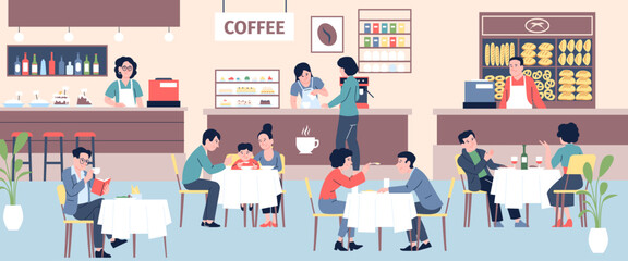 People eating and drinking on food court. Food stalls with coffee, pastries and cakes. Families and single person in cafe, recent vector scene