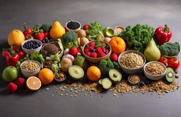 Healthy food clean eating selection: fruit, vegetable, seeds, superfood, cereal, leaf vegetable on gray concrete background