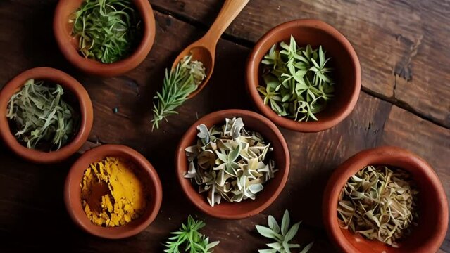 Assortment of dried herbs and spices in small clay bowls on a rustic wooden surface