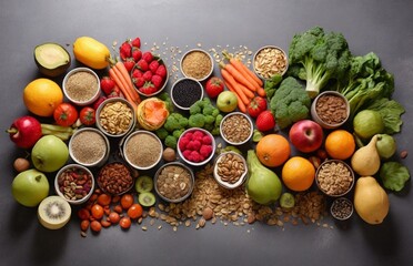 Healthy food clean eating selection: fruit, vegetable, seeds, superfood, cereal, leaf vegetable on gray concrete background